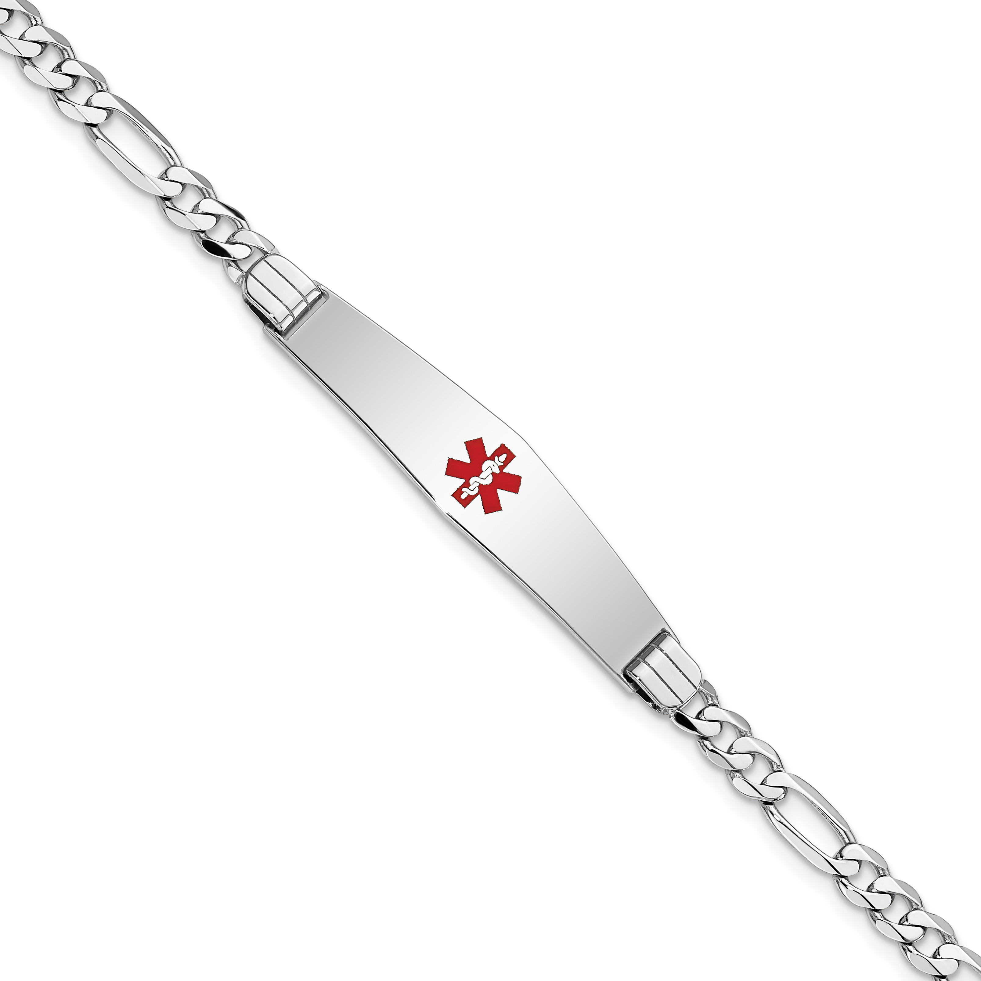 14K White Gold Medical Solid Chain/Solid Plate Soft Diamond Shape 36x9mm Centered Red Enamel Figaro Link 8 inch ID Bracelet (XM590CCW-8)