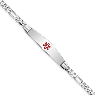 14K White Gold Medical Solid Chain/Solid Plate Soft Diamond Shape 36x9mm Centered Red Enamel Figaro Link 7 inch ID Bracelet