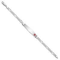 14K White Gold Medical Solid Chain Solid Plate Soft Diamond Shape 37x9mm Off-Center Red Enamel Figaro Link 8 Inch ID Bracelet view 2