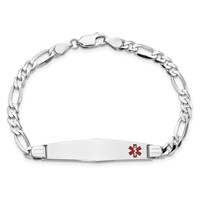 14K White Gold Medical Solid Chain Solid Plate Soft Diamond Shape 37x9mm Off-Center Red Enamel Figaro Link 8 Inch ID Bracelet view 4