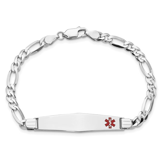 14K White Gold Medical Solid Chain/Solid Plate Soft Diamond Shape 37x9mm Off-Center Red Enamel Figaro Link 7 inch ID Bracelet