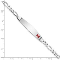 14K White Gold Medical Solid Chain Solid Plate Soft Diamond Shape 37x9mm Off-Center Red Enamel Figaro Link 8 Inch ID Bracelet view 3