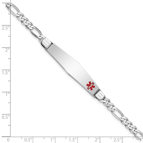 14K White Gold Medical Solid Chain/Solid Plate Soft Diamond Shape 37x9mm Off-Center Red Enamel Figaro Link 7 inch ID Bracelet