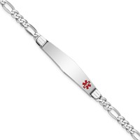 14K White Gold Medical Solid Chain Solid Plate Soft Diamond Shape 37x9mm Off-Center Red Enamel Figaro Link 8 Inch ID Bracelet view 1