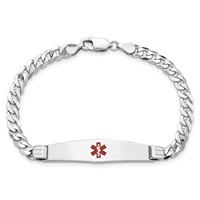 14K White Gold Medical Solid Chain Solid Plate Soft Diamond Shape 36x9mm Centered Red Enamel Flat Curb Link ID Bracelet - 7in view 4