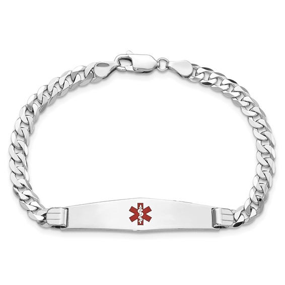 14K White Gold Medical Solid Chain/Solid Plate Soft Diamond Shape 36x9mm Centered Red Enamel Flat Curb Link 7 inch ID Bracelet