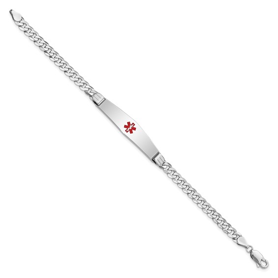 14K White Gold Medical Solid Chain/Solid Plate Soft Diamond Shape 36x9mm Centered Red Enamel Flat Curb Link 8 inch ID Bracelet