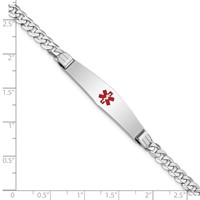 14K White Gold Medical Solid Chain Solid Plate Soft Diamond Shape 36x9mm Centered Red Enamel Flat Curb Link ID Bracelet - 7in view 3