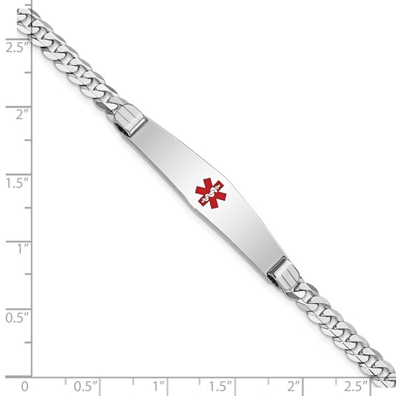14K White Gold Medical Solid Chain/Solid Plate Soft Diamond Shape 36x9mm Centered Red Enamel Flat Curb Link 8 inch ID Bracelet