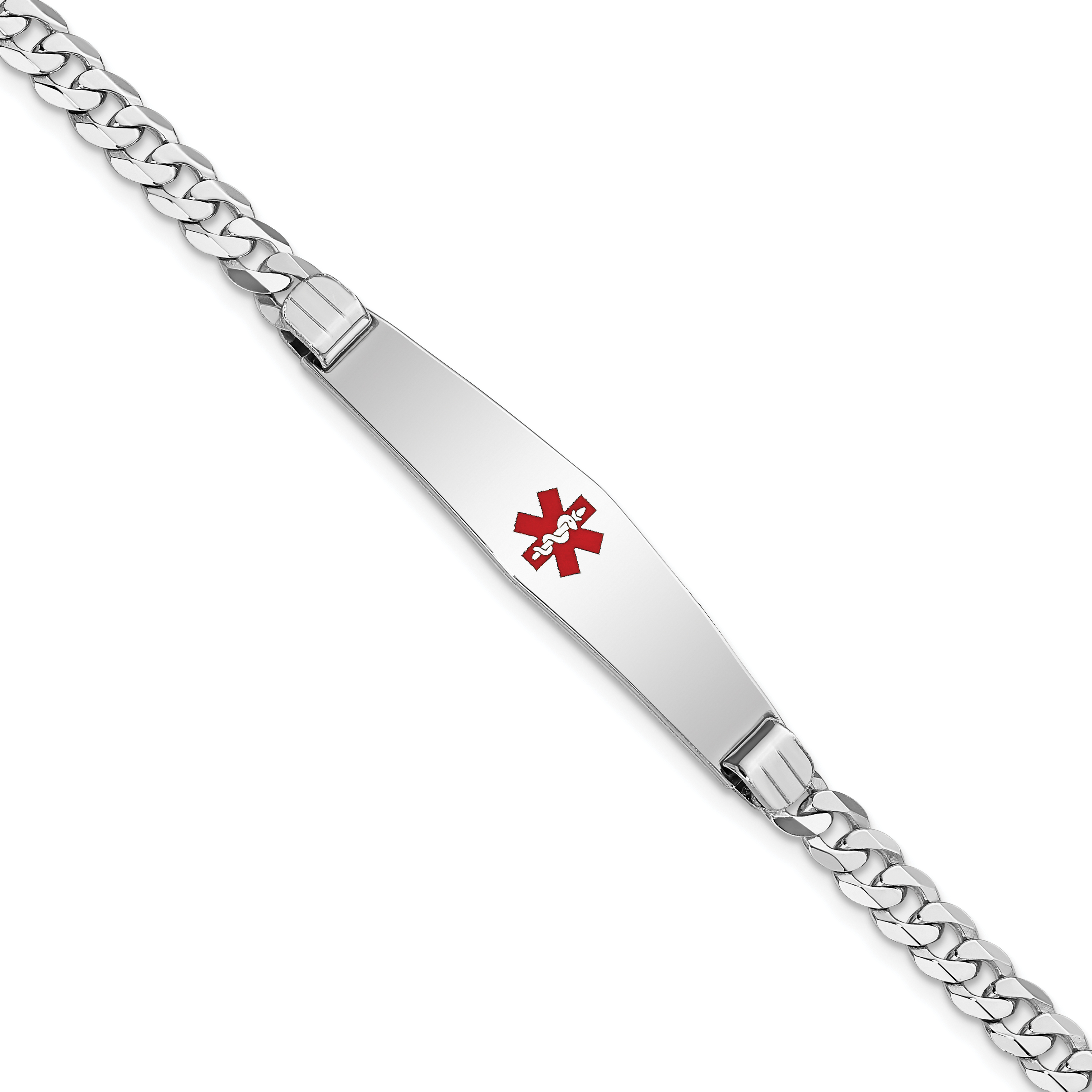 14K White Gold Medical Solid Chain/Solid Plate Soft Diamond Shape 36x9mm Centered Red Enamel Flat Curb Link 7 inch ID Bracelet (XM591CCW-7)