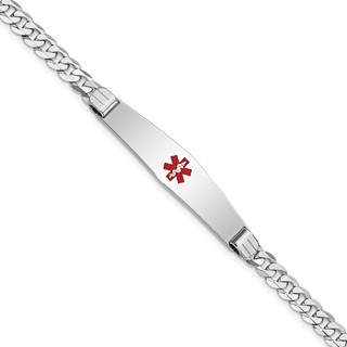 14K White Gold Medical Solid Chain/Solid Plate Soft Diamond Shape 36x9mm Centered Red Enamel Flat Curb Link 8 inch ID Bracelet