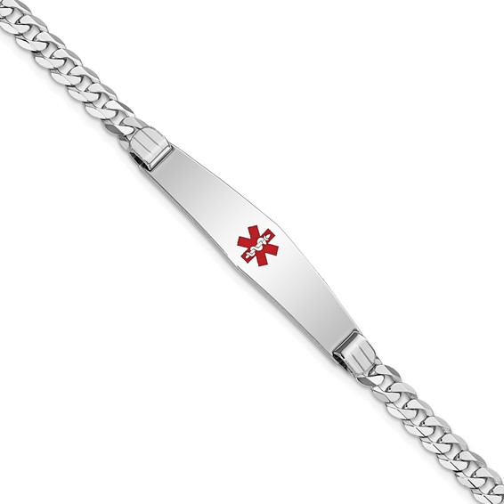 14K White Gold Medical Solid Chain/Solid Plate Soft Diamond Shape 36x9mm Centered Red Enamel Flat Curb Link 8 inch ID Bracelet