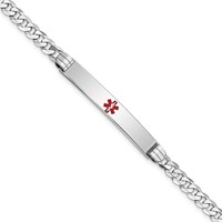 14K White Gold Medical Solid Chain Solid Plate 37x 6mm Centered Red Enamel Flat Curb Link ID Bracelet, 7" view 1
