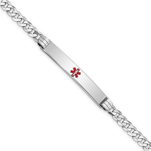 14K White Gold Medical Solid Chain/Solid Plate 37x6mm Centered Red Enamel Flat Curb Link 8 inch ID Bracelet