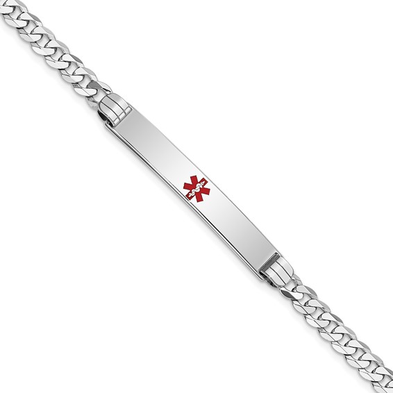 14K White Gold Medical Solid Chain/Solid Plate 37x6mm Centered Red Enamel Flat Curb Link 7 inch ID Bracelet