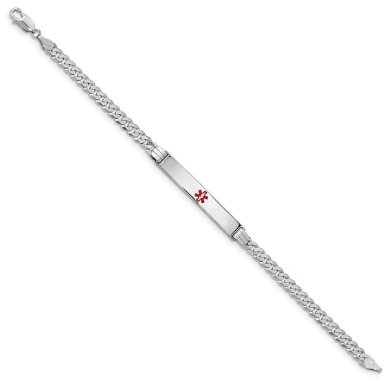 14K White Gold Medical Solid Chain/Solid Plate 37x6mm Centered Red Enamel Flat Curb Link 7 inch ID Bracelet