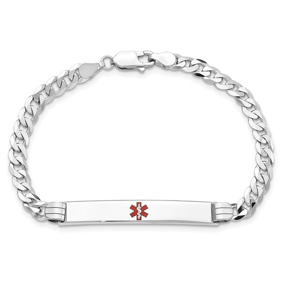 14K White Gold Medical Solid Chain/Solid Plate 37x6mm Centered Red Enamel Flat Curb Link 7 inch ID Bracelet