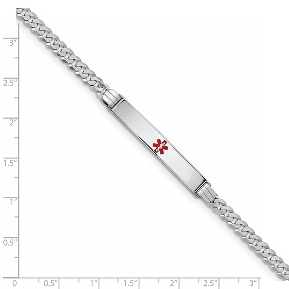 14K White Gold Medical Solid Chain/Solid Plate 37x6mm Centered Red Enamel Flat Curb Link 7 inch ID Bracelet