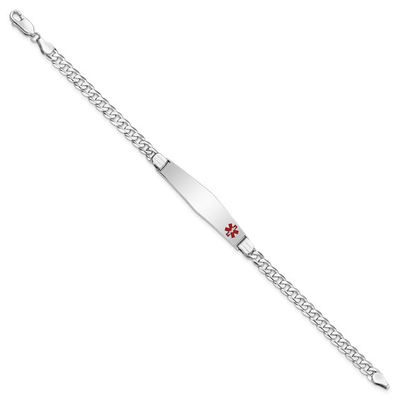 14K White Gold Medical Solid Chain/Solid Plate Soft Diamond Shape 37x9mm Off-Center Red Enamel Flat Curb Link 8 inch ID Bracelet