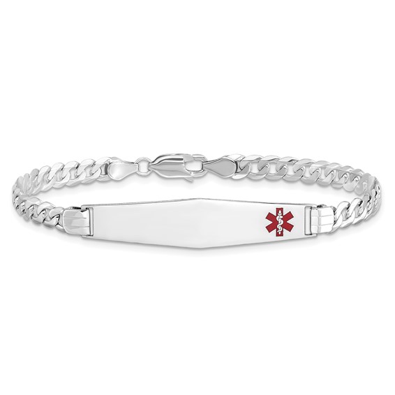 14K White Gold Medical Solid Chain/Solid Plate Soft Diamond Shape 37x9mm Off-Center Red Enamel Flat Curb Link 8 inch ID Bracelet