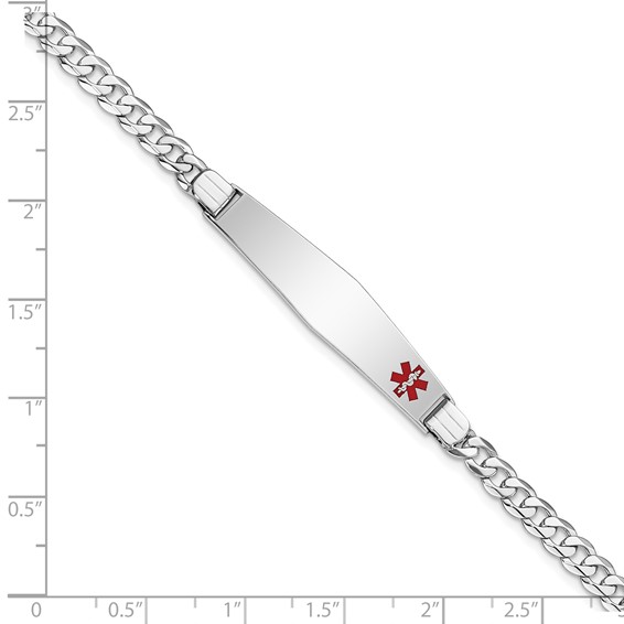 14K White Gold Medical Solid Chain/Solid Plate Soft Diamond Shape 37x9mm Off-Center Red Enamel Flat Curb Link 8 inch ID Bracelet