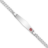 14K White Gold Medical Solid Chain Solid Plate Soft Diamond Shape 37x 9mm Off-Center Red Enamel Flat Curb Link ID Bracelet, 7" view 1
