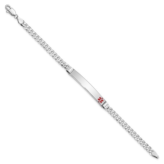 14K White Gold Medical Solid Chain/Solid Plate 37x6mm Off-Center Red Enamel Flat Curb Link 8 inch ID Bracelet