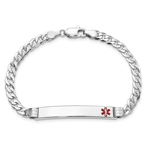 14K White Gold Medical Solid Chain/Solid Plate 37x6mm Off-Center Red Enamel Flat Curb Link 8 inch ID Bracelet