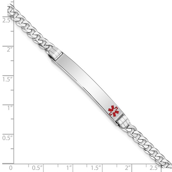 14K White Gold Medical Solid Chain/Solid Plate 37x6mm Off-Center Red Enamel Flat Curb Link 8 inch ID Bracelet
