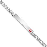 14K White Gold Medical Solid Chain Solid Plate 37x 6mm Off-Center Red Enamel Flat Curb Link ID Bracelet, 7" view 1