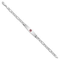 14K White Gold Medical Semi-Solid Chain Solid Plate Soft Diamond Shape 37x9mm Centered Red Enamel Figaro Link 7 Inch ID Bracelet view 2
