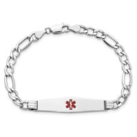 14K White Gold Medical Semi-Solid Chain Solid Plate Soft Diamond Shape 37x9mm Centered Red Enamel Figaro Link 7 Inch ID Bracelet view 4