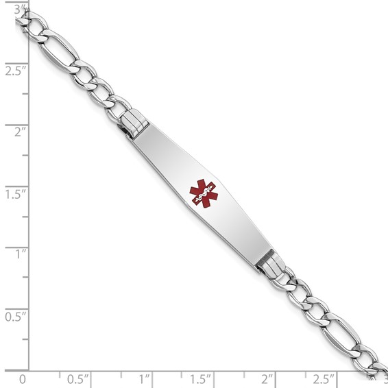 14K White Gold Medical Semi-Solid Chain/Solid Plate Soft Diamond Shape 37x9mm Centered Red Enamel Figaro Link 7 inch ID Bracelet