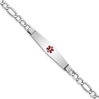 14K White Gold Medical Semi-Solid Chain Solid Plate Soft Diamond Shape 37x9mm Centered Red Enamel Figaro Link 7 Inch ID Bracelet view 1