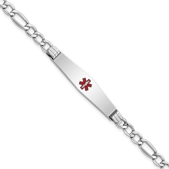 14K White Gold Medical Semi-Solid Chain/Solid Plate Soft Diamond Shape 37x9mm Centered Red Enamel Figaro Link 7 inch ID Bracelet