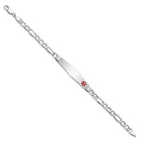 14K White Gold Medical Semi-Solid Chain Solid Plate Soft Diamond Shape 37x 9mm Off-Center Red Enamel Figaro Link ID Bracelet, 7" view 2