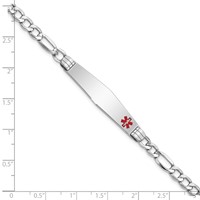 14K White Gold Medical Semi-Solid Chain Solid Plate Soft Diamond Shape 37x 9mm Off-Center Red Enamel Figaro Link ID Bracelet, 7" view 3