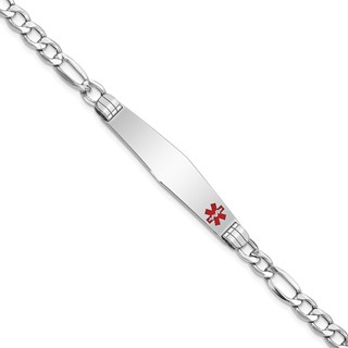 14K White Gold Medical Semi-Solid Chain/Solid Plate Soft Diamond Shape 37x9mm Off-Center Red Enamel Figaro Link 7 inch ID Bracelet