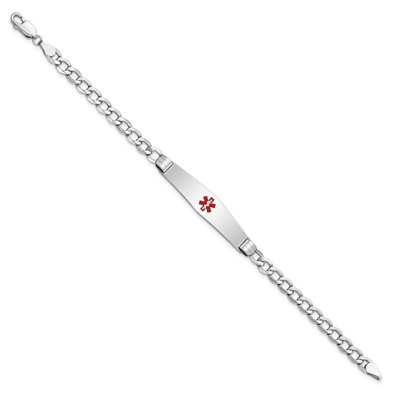 14K White Gold Medical Semi-Solid Chain/Solid Plate Soft Diamond Shape 36x9mm Centered Red Enamel Curb Link 7 inch ID Bracelet