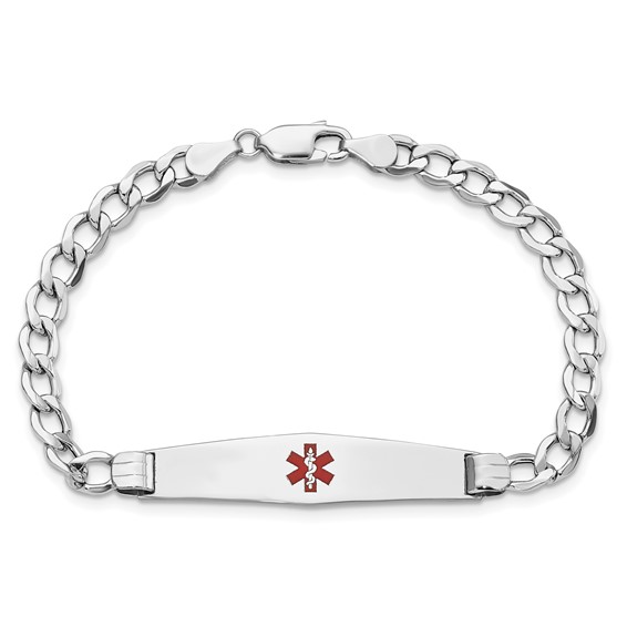 14K White Gold Medical Semi-Solid Chain/Solid Plate Soft Diamond Shape 36x9mm Centered Red Enamel Curb Link 7 inch ID Bracelet