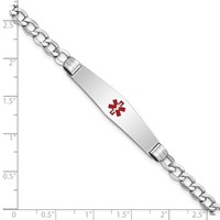 14K White Gold Medical Semi-Solid Chain Solid Plate Soft Diamond Shape 36x 9mm Centered Red Enamel Curb Link ID Bracelet, 7" view 3
