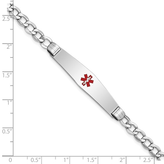14K White Gold Medical Semi-Solid Chain/Solid Plate Soft Diamond Shape 36x9mm Centered Red Enamel Curb Link 7 inch ID Bracelet