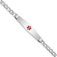 14K White Gold Medical Semi-Solid Chain Solid Plate Soft Diamond Shape 36x 9mm Centered Red Enamel Curb Link ID Bracelet, 7" view 1