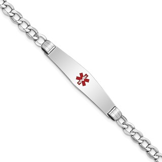 14K White Gold Medical Semi-Solid Chain/Solid Plate Soft Diamond Shape 36x9mm Centered Red Enamel Curb Link 7 inch ID Bracelet