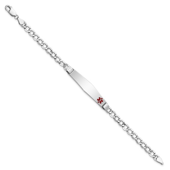 14K White Gold Medical Semi-Solid Chain/Solid Plate Soft Diamond Shape 37x9mm Off-Center Red Enamel Cuban Link 7 inch ID Bracelet