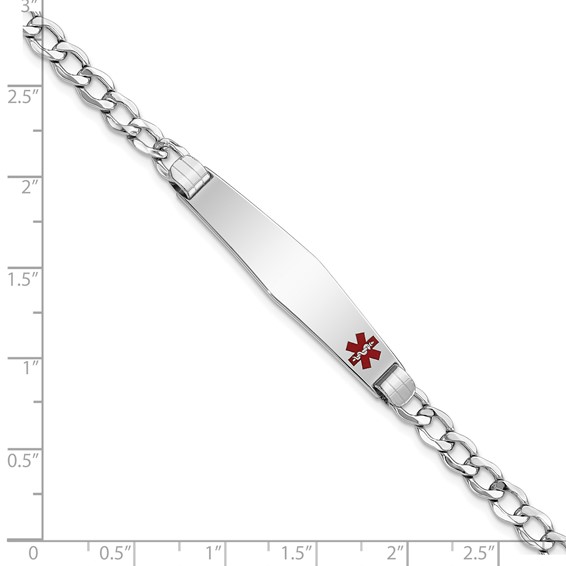 14K White Gold Medical Semi-Solid Chain/Solid Plate Soft Diamond Shape 37x9mm Off-Center Red Enamel Cuban Link 7 inch ID Bracelet
