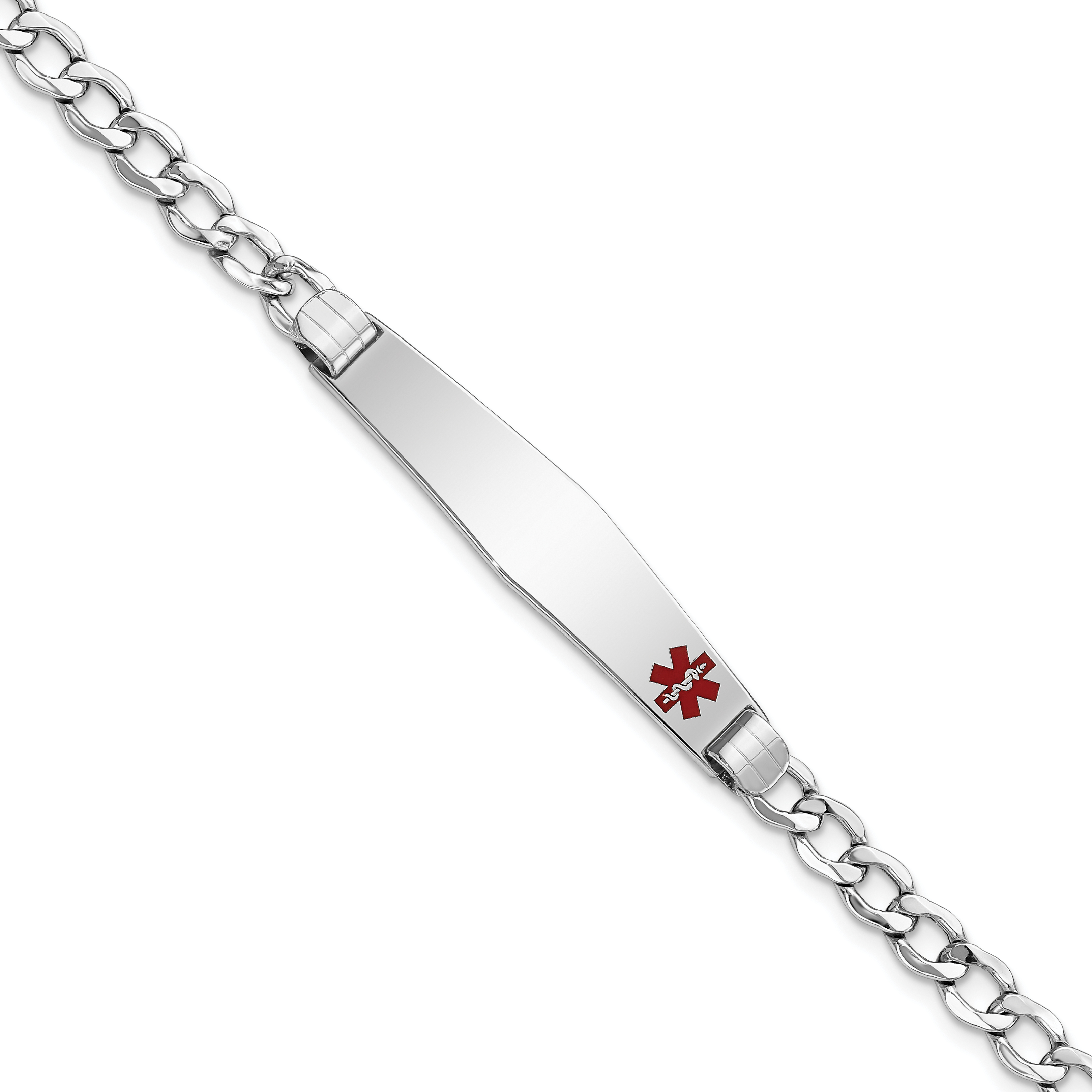14K White Gold Medical Semi-Solid Chain/Solid Plate Soft Diamond Shape 37x9mm Off-Center Red Enamel Cuban Link 7 inch ID Bracelet (XM593FCW-7)