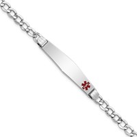14K White Gold Medical Semi-Solid Chain Solid Plate Soft Diamond Shape 37x 9mm Off-Center Red Enamel Cuban Link ID Bracelet, 8" view 1