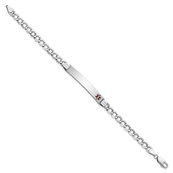 14K White Gold Medical Semi-solid Chain/Solid Plate 37x6mm Off-Center Red Enamel Curb Link 7 inch ID Bracelet