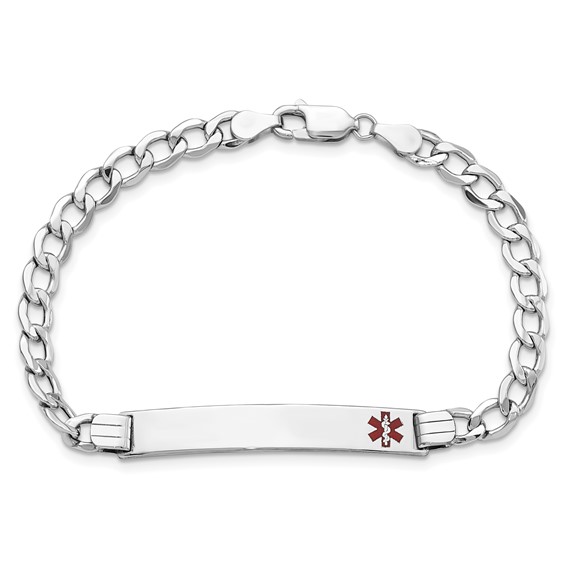14K White Gold Medical Semi-solid Chain/Solid Plate 37x6mm Off-Center Red Enamel Curb Link 7 inch ID Bracelet
